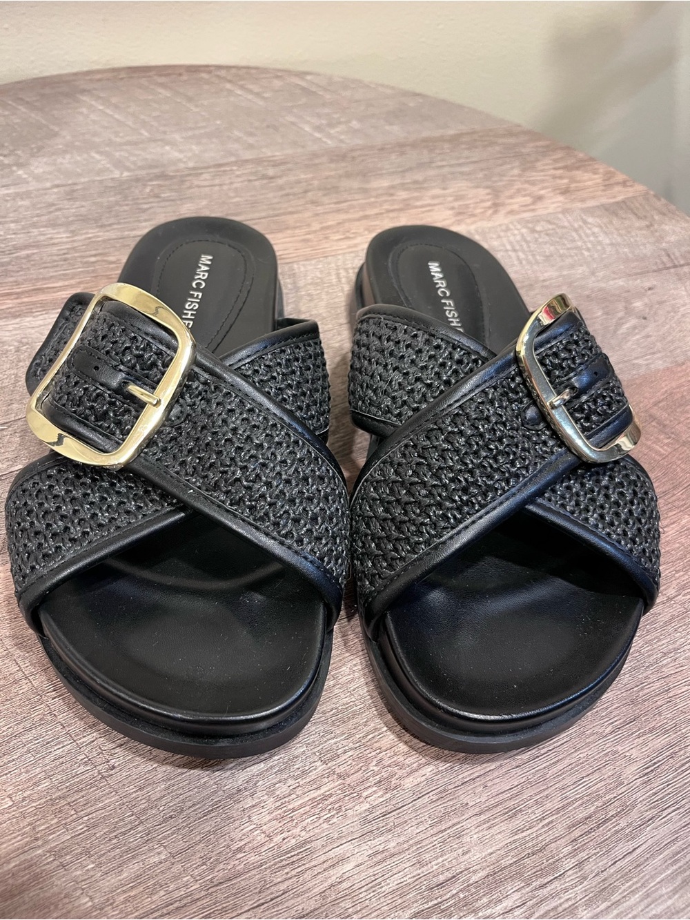 Marc Fisher Black Woven Cross-Strap Slide Sandals with Buckle